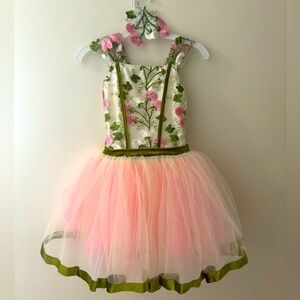 Ballet dance costume.  Ivory with pink tulle and green detail.   Child Medium.
